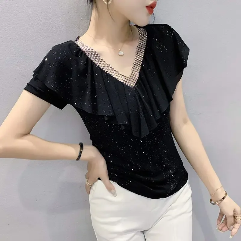 Elegant V-Neck Diamonds Hollow Out Ruffles Folds Blouse Female Clothing 2024 New Oversized Casual Tops Office Lady Shirt ZL742