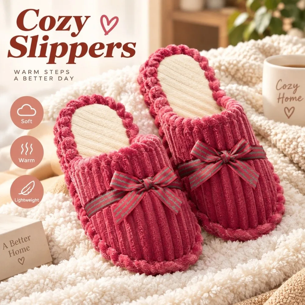 Lightweight Bowknot Design Winter Slippers Lining Anti-Slip Fleece-Lined House Shoes Warm Comfortable Thick Sole Slippers Home