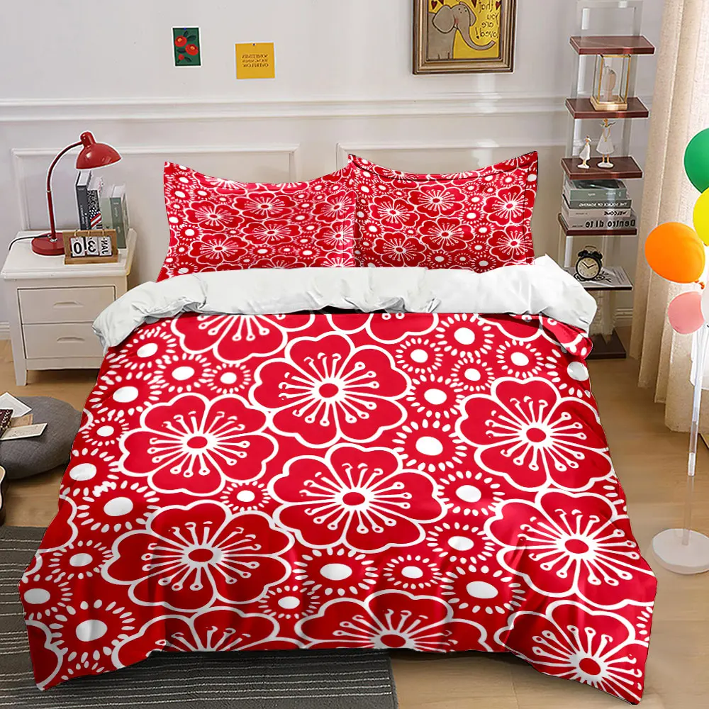 Red and white plum blossom pattern Print Bedding Set 1 Duvet Cover 2 Pillowcases for Adult and Children Luxury Gift Full Size