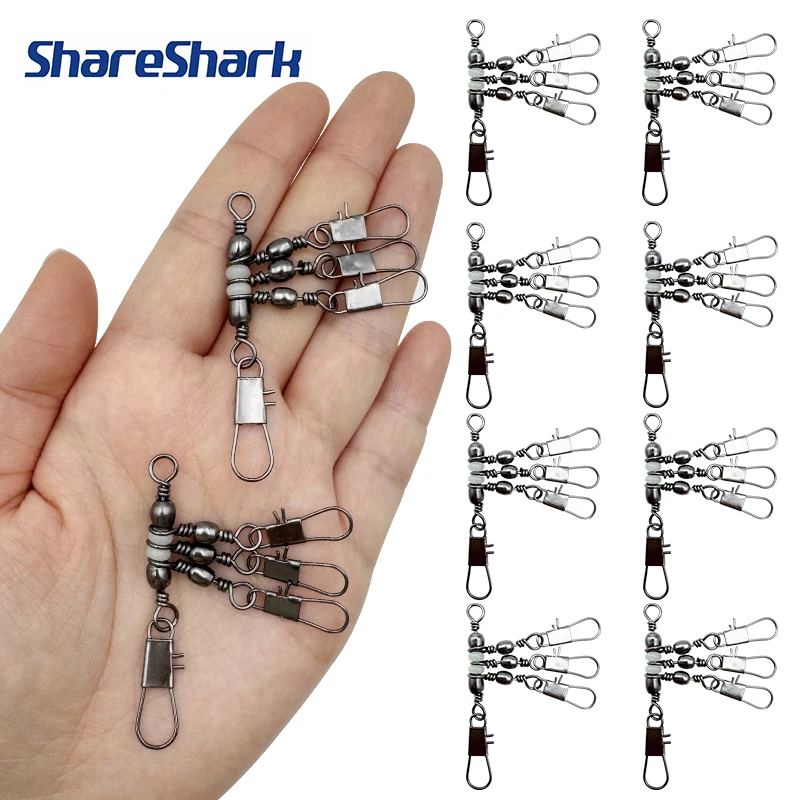 ShareShark  3 Way Swivels 20Pcs/Bag T Shape Cross Line Swivel with Glow Beads for Surf Fishing Connector Swivels Interlock Pin