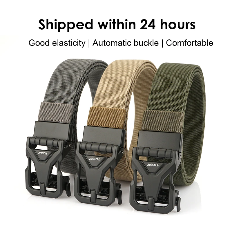 HSSEE 100cm to 120cm Elastic Waistband for Man Top Metal Automatic Buckle Casual Belt Tight Nylon Stretch Belt Men's Jeans Belt