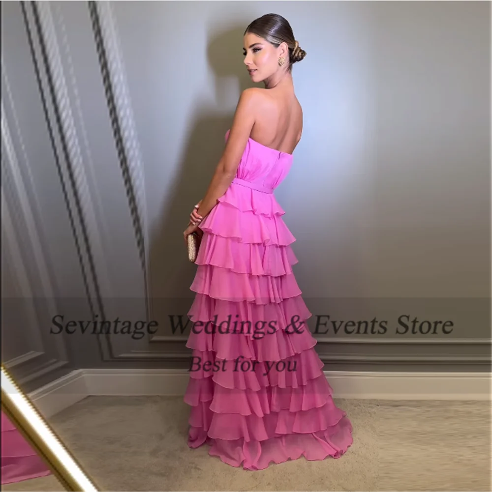 Sevintage Princess Pink A-Line Prom Dress Chiffon Strapless Tiered Pleat Ruched Belt Floor Length Evening Dress vestido de gala