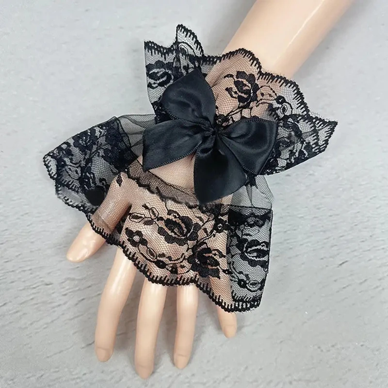 Bridal Wedding Bow Ruffled Short Mesh Hand Sleeves Lace Floral Wrist Cuff Gloves Party Costume Accessory