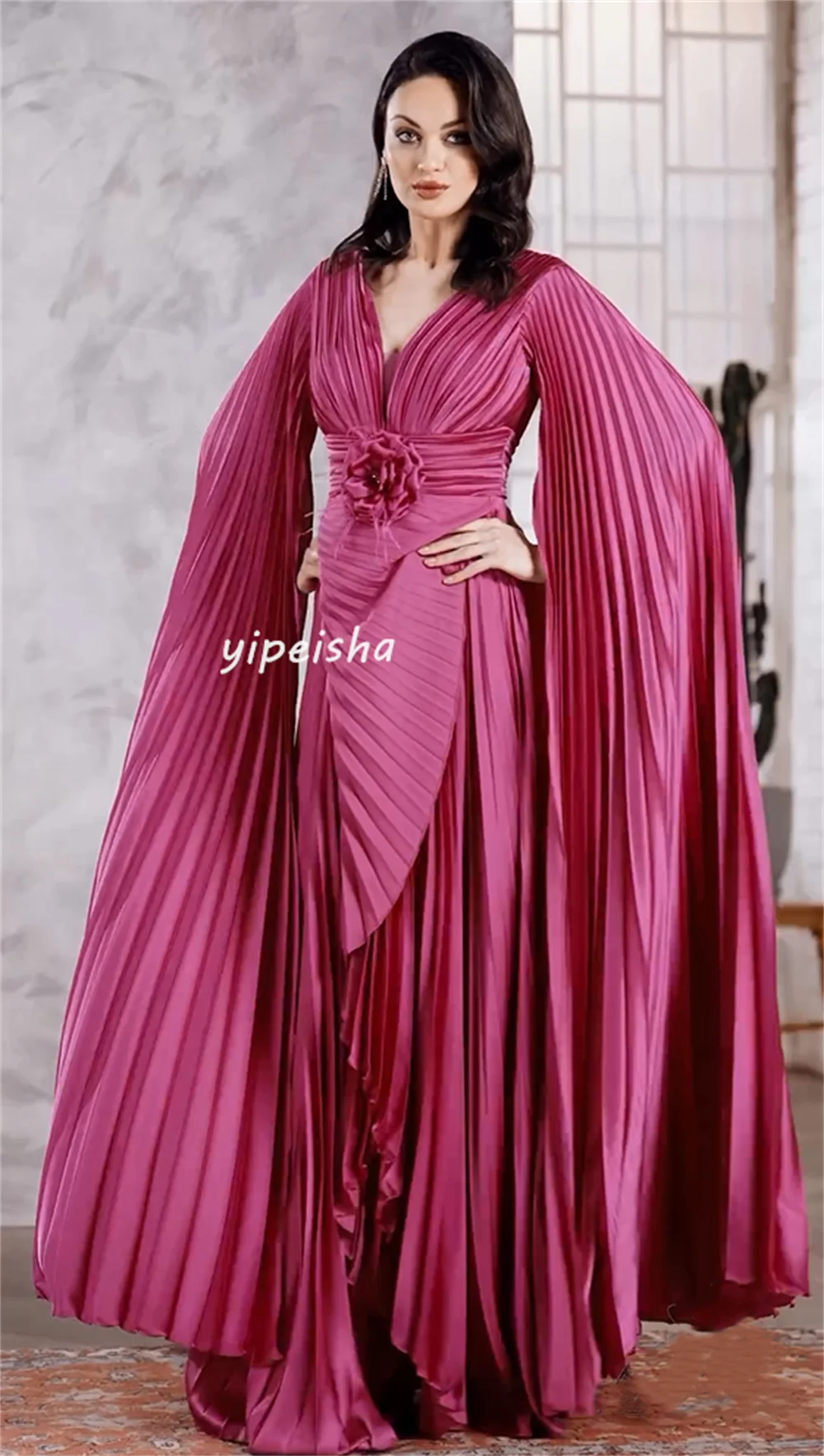 Customized Intricate Fashion Pleat Draped Handmade Flower A-line V-neck Long Dresses Homecoming Dresses Sizes Available High Qu