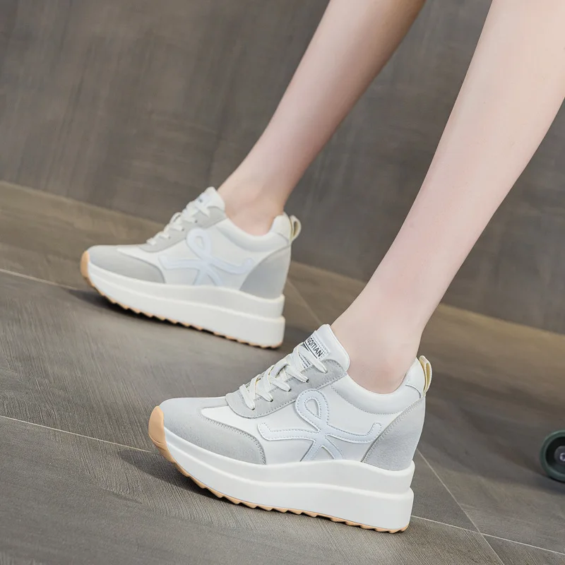 

White And Grey Hidden Wedge Platform Sneakers For Women With Bow Embroidery Design Round Toe Non Slip Thick Sole Casual Lace Up