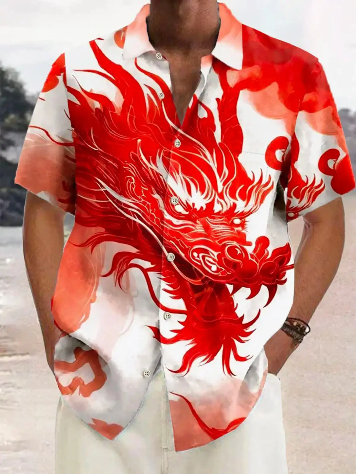 New Fashionable Red Dragon Printed Men's Summer Breathable Short Sleeve Hawaiian Vacation Shirt