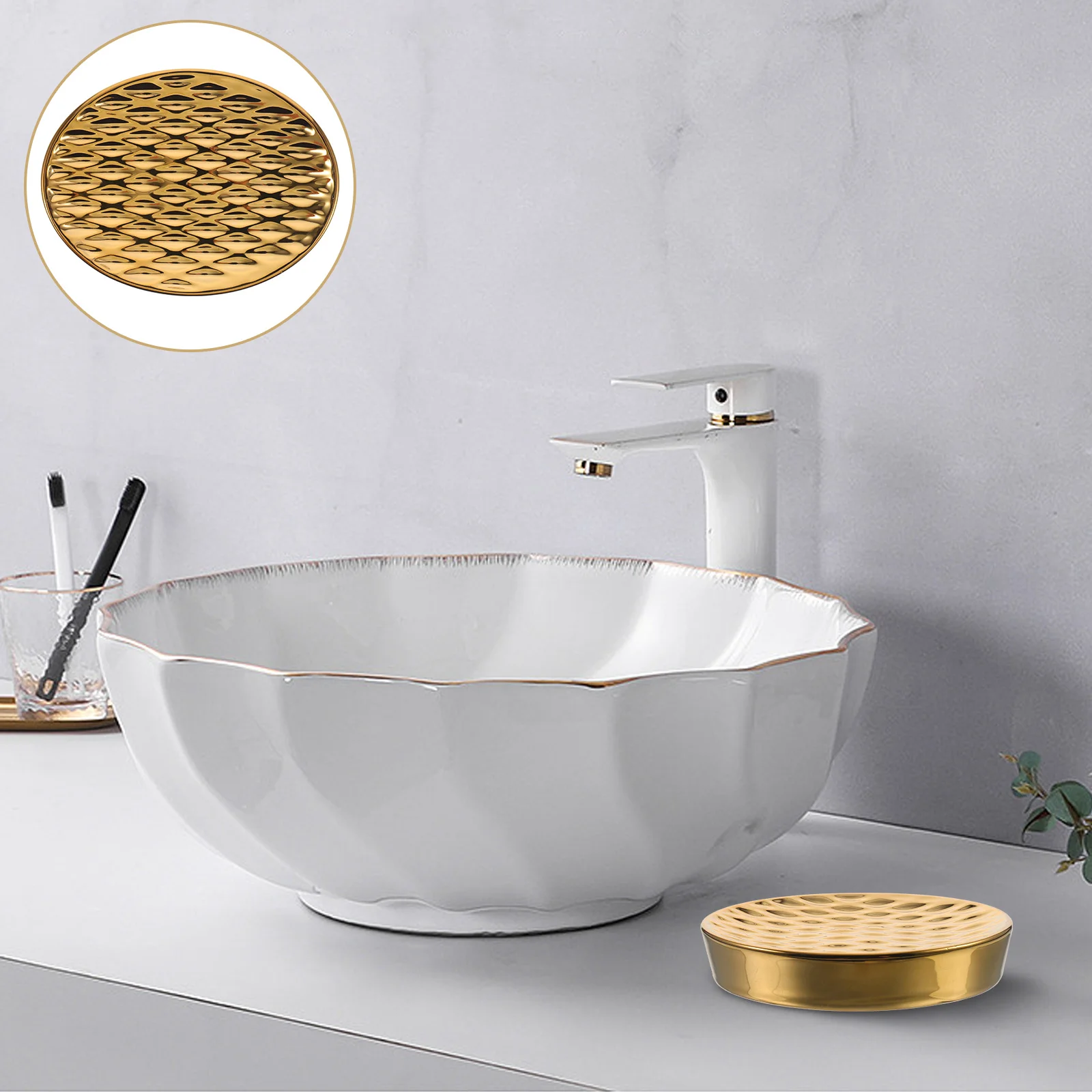 

Gold Plated Ceramic Soap Tray Non-Slip Grid Design Bathroom Accessory for Shower Sink Vanity Countertop Household Decorative