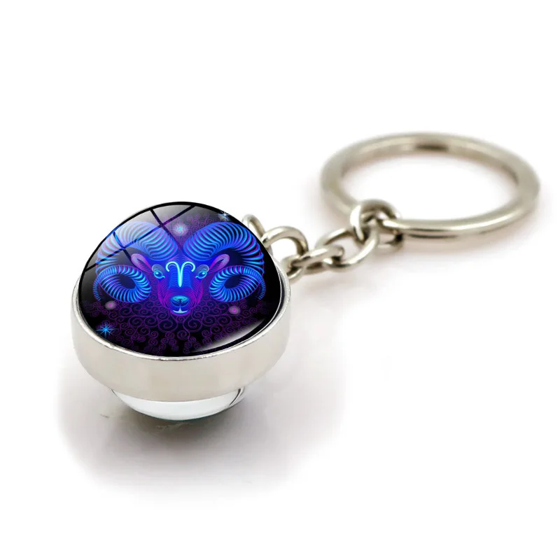 المعلقات الكرة الزجاجية 12 كوكبة المفاتيح الإبداعية هدية للنساء الرجال زودياك تسجيل مفاتيح معدنية حلقة حقيبة الموضة الملحقات