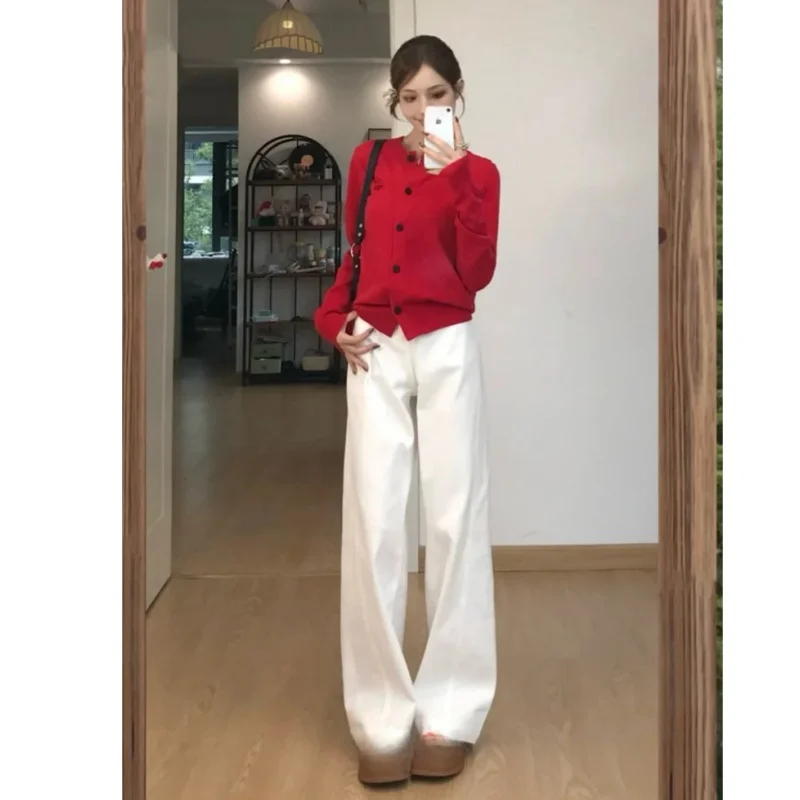 

High Waist Wide Leg Jeans Women's Loose Slim Straight Drapey Versatile Narrow Non-Lightweight Floor-Length Pants