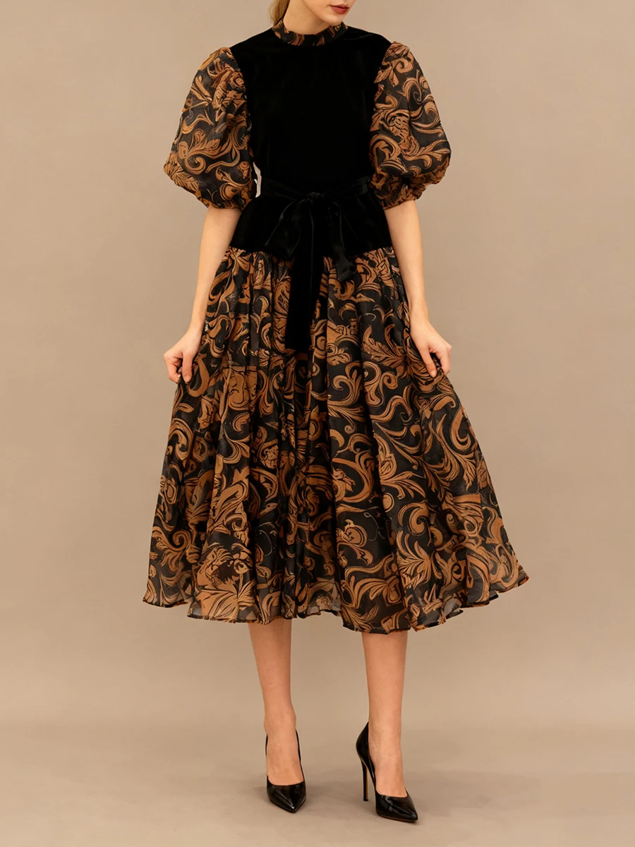 VGH Elegant Vintage Printing Dress for Women Stand Collar Half Sleeve Patchwork Face Two Piece Set Autumn Vevet Dresses Female - AliExpress VGH Elegant Vintage Printing Dress for Women Stand Collar Half Sleeve Patchwork Face Two Piece Set Autumn Vevet Dresses Female - AliExpress