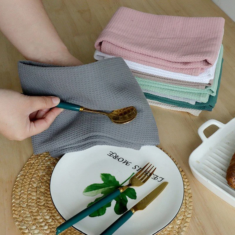 Waffle Cotton Cotton Tea Towel Cloth Table Napkins Weave Absorbent Dish Pink Grey White For Kitchen Cleaning