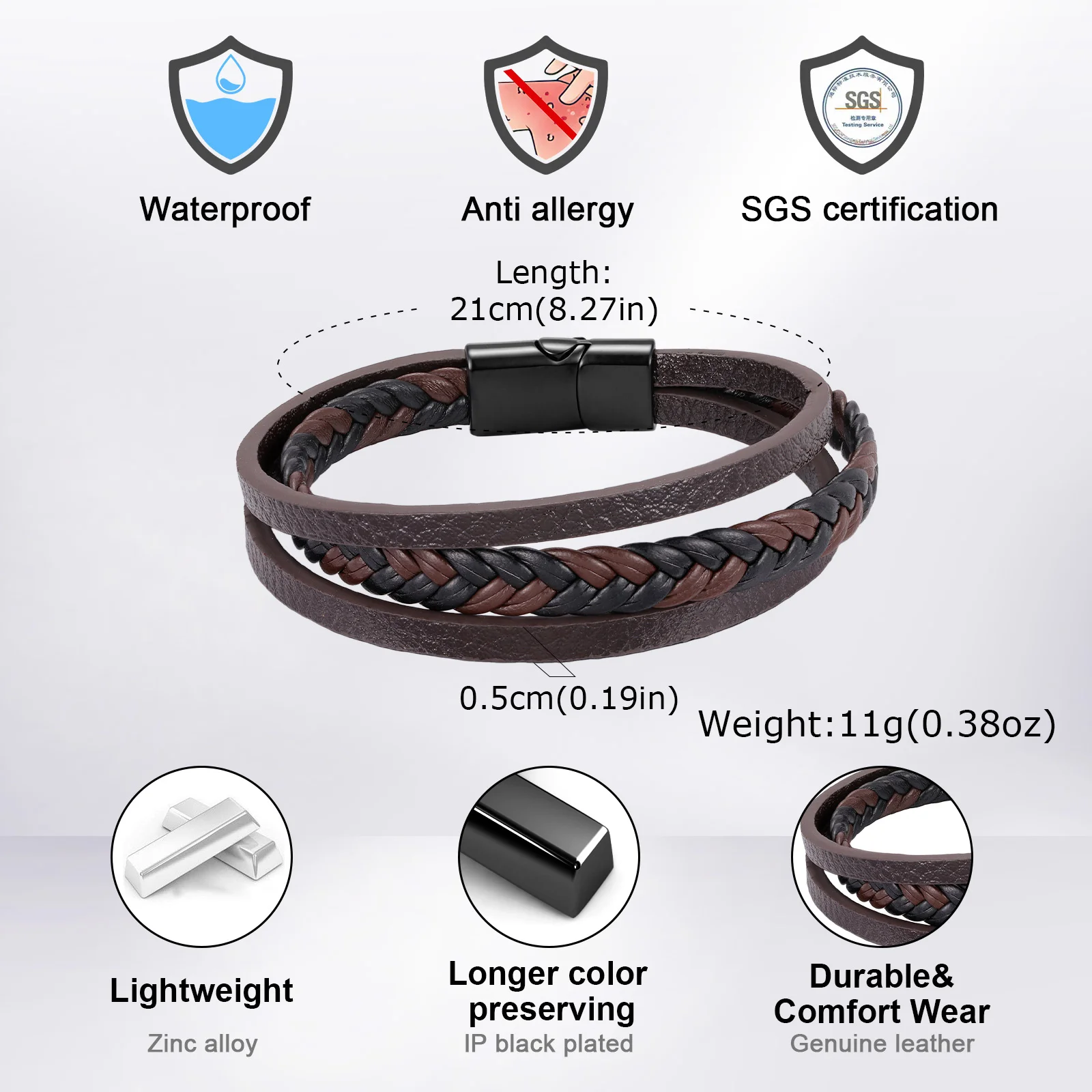 Vnox Herren Lederarmband, mehrschichtig geflochten, mit Magnetverschluss, Vintage-Punk-Stil, handgefertigter Modeschmuck, Geschenk für den täglichen Gebrauch. – Detail 8
