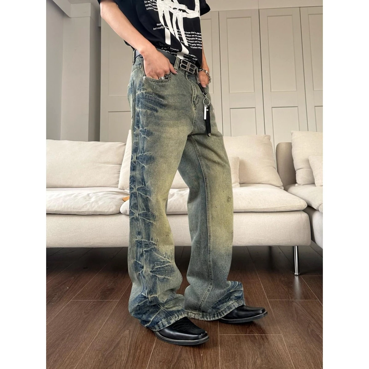 

American High Street Retro Side Folded Micro Flared Jeans Men Women Straight Leg Wide Leg Cleanfit Casual Long Pants Trendy