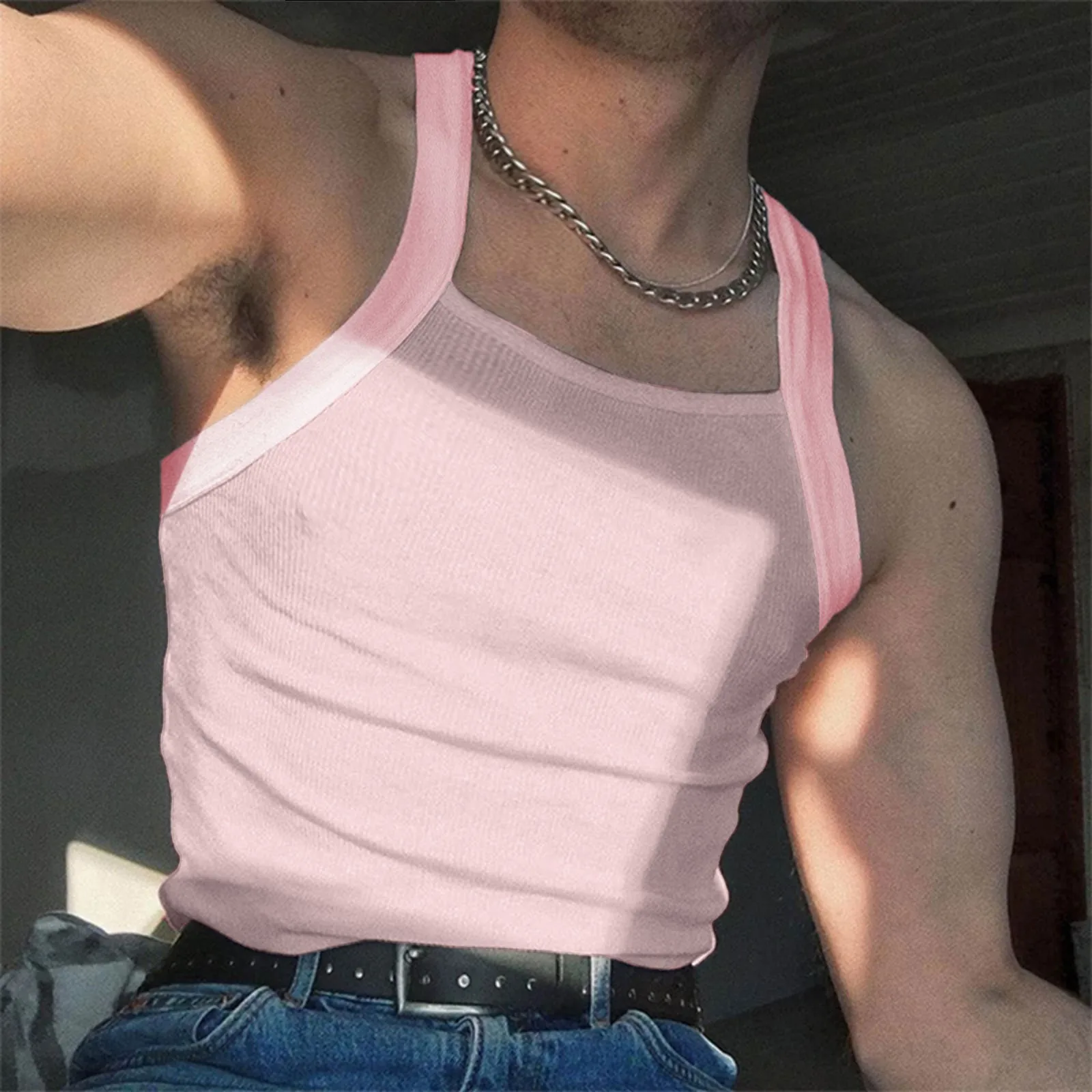 Casual Slim Fit Tank Crop Top For Men Summer Square Collar Sleeveless Blouse Top Men’s Fashion Solid Color Vest Men Clothing