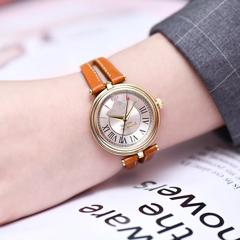 Vivienne Westwood Модные женские часы с полым коричневым кожаным ремешком