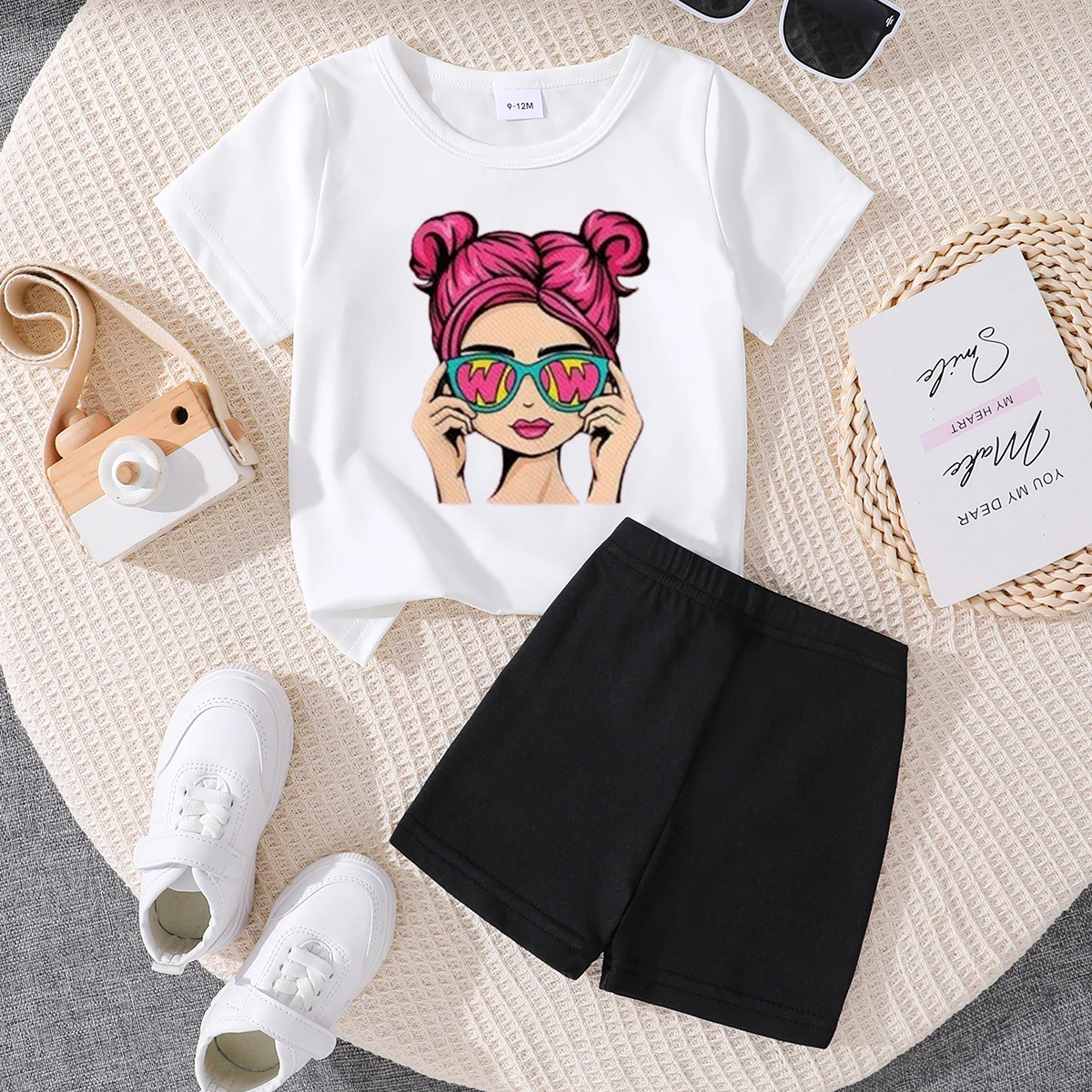 2PCS Summer Set Baby Cute Girl Avatar Top Short Sleeved Round Neck T-Shirt Casual Shorts Full Moon Festival Baby Children