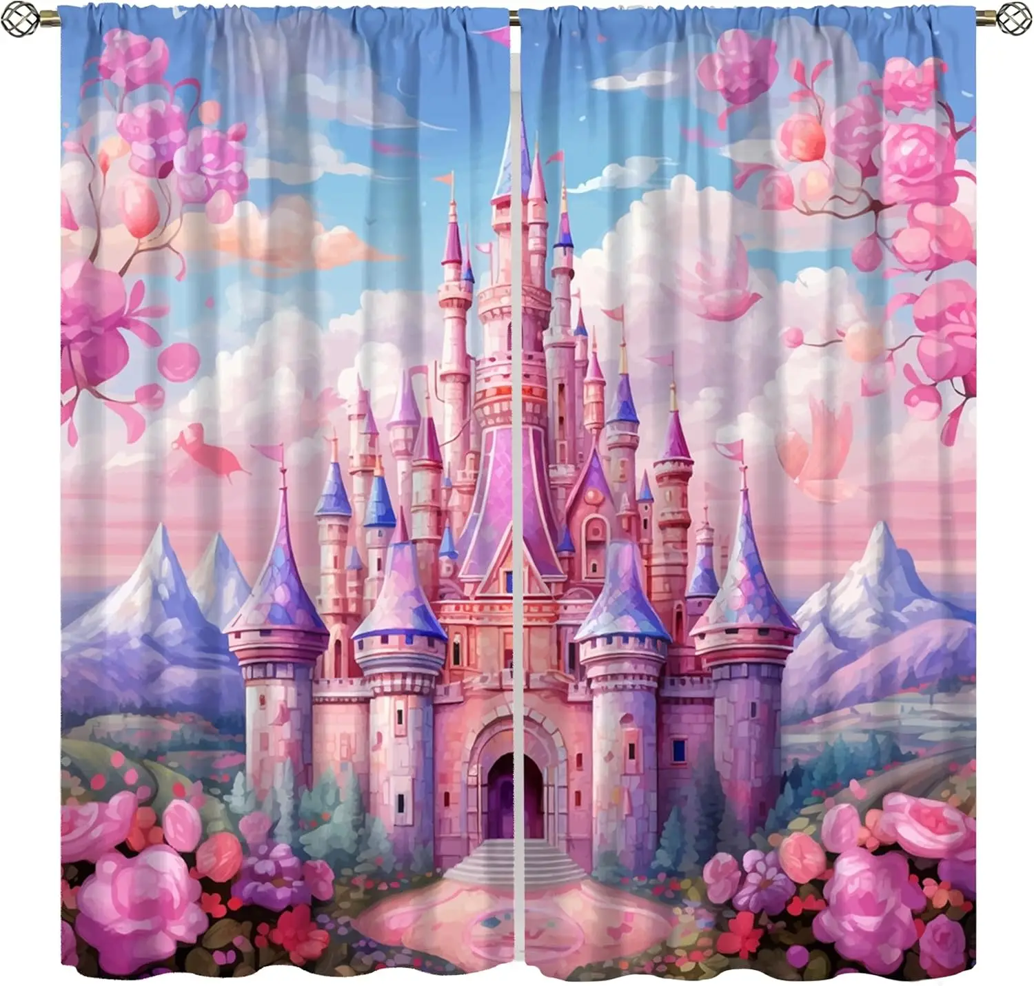 Pink Castle Curtains for Girls,Cartoon Watercolor Fantasy Fairytale Wonderland Princess Castle Window Drapes Print for Kids Room