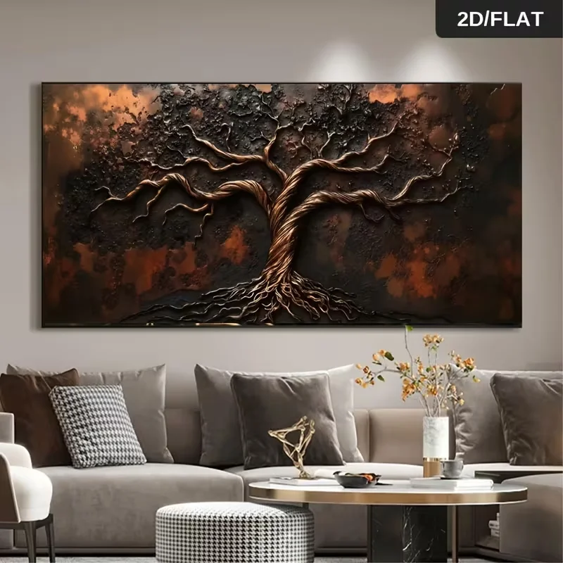 1pc (No frame),2D Flat, 2D Flat 1pc Frameless Canvas Painting Extra Large Size Abstract Tree of Life Wall Art Decor - Modern Bro