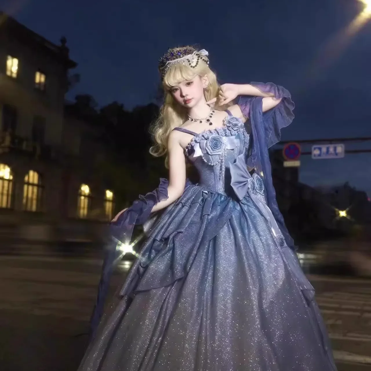 Blue Princess Lolita Long Dress Female Slim Elegant Big Bow Trailing Flower Wedding Dress Bar Blue Princess Lolita Long Dress Female Slim Elegant Big Bow Trailing Flower Wedding Dress Bar