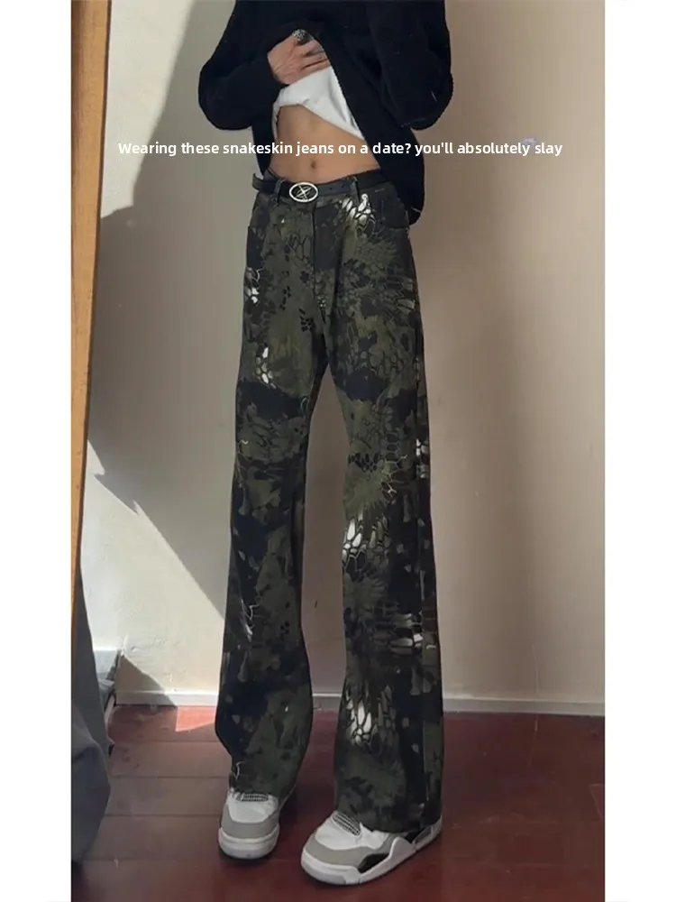 

Джинсы-клеш для высоких мужчин с узором под змеиную кожу, прямые, в стиле American Sle, модные, молодежные, рабочие брюки