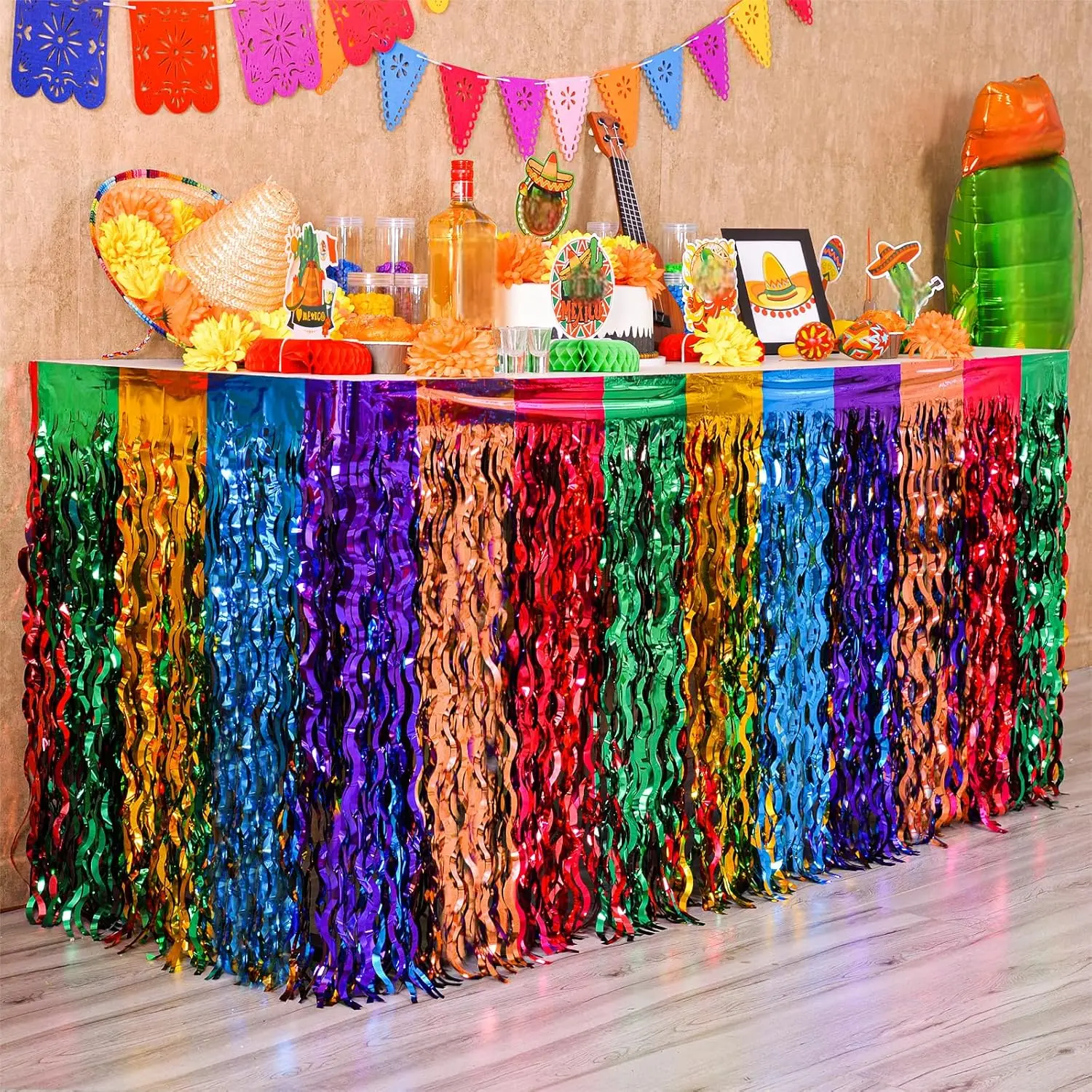 Decoraciones de Cinco de Mayo, paquete de 2 faldas de mesa con flecos de lámina de oropel metálico ondulado Fiesta Party, decoraciones temáticas mexicanas perfectas para