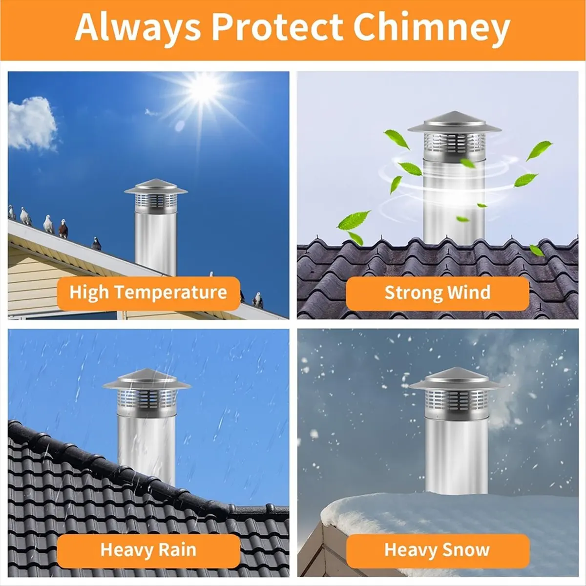AT16 304 Stainless Steel Chimney Cap, Round Chimney Cover with Screen, Stove Pipe Topper for Exterior Fireplace Flue