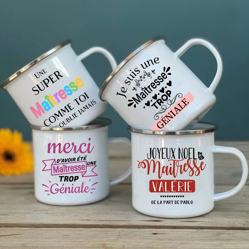 Merci Super Maitresse Print Mug Coffee Tea Cups Drinks Water Cup Enamel Mugs School Home Handle Drinkware Best Teacher Gifts