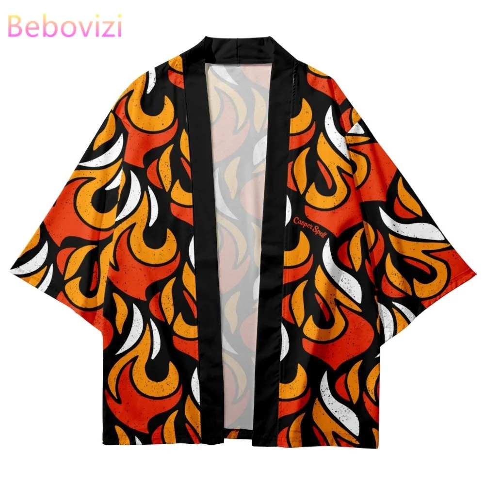 

Fashion Flame Print Orange Shirts Japanese Streetwear Haori Cardigan Men Women Kimono Beach Yukata Asian Clothing 2022