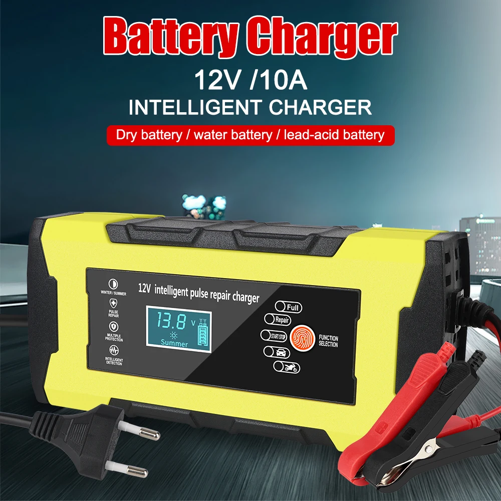 Digital LCD Display Automatic Smart Fast Car Motorcycl Battery Charger 12V 10A Intelligent Fast Power Charging Auto Pulse Repair