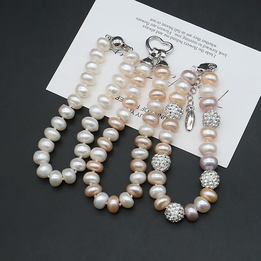 

Bracelet Inlaid Glass Crystals Flat Steamed Bun Pearls Featuring Copper Clasp Luxury High-end Versatile Beaded Bracelet 18cm