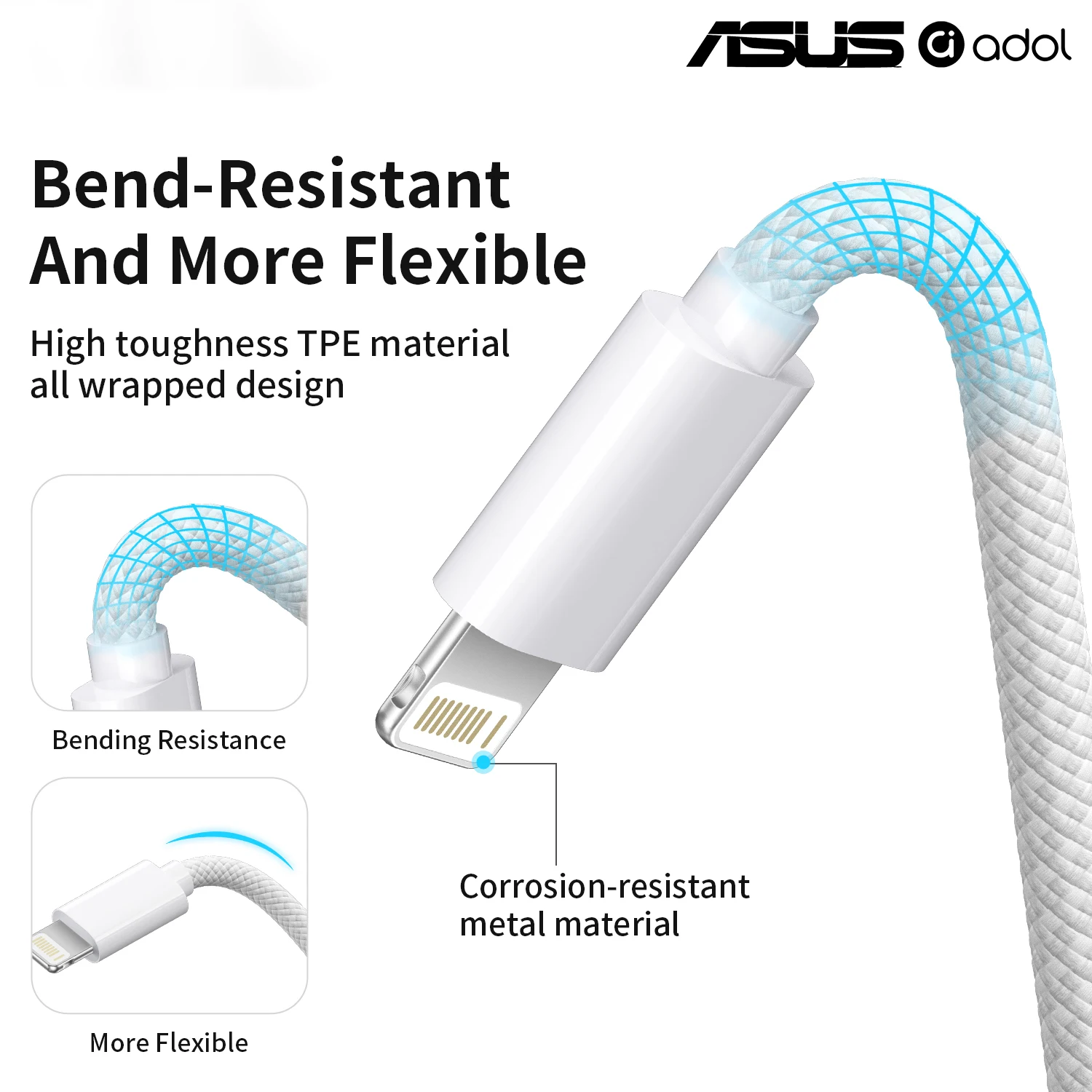 Cable trenzado ASUS PD27W USB-C a Lightning para carga y datos CarPlay para iPhone 14 13 12 11 Pro Max XR XS X iPad 3.28ft/6.56ft