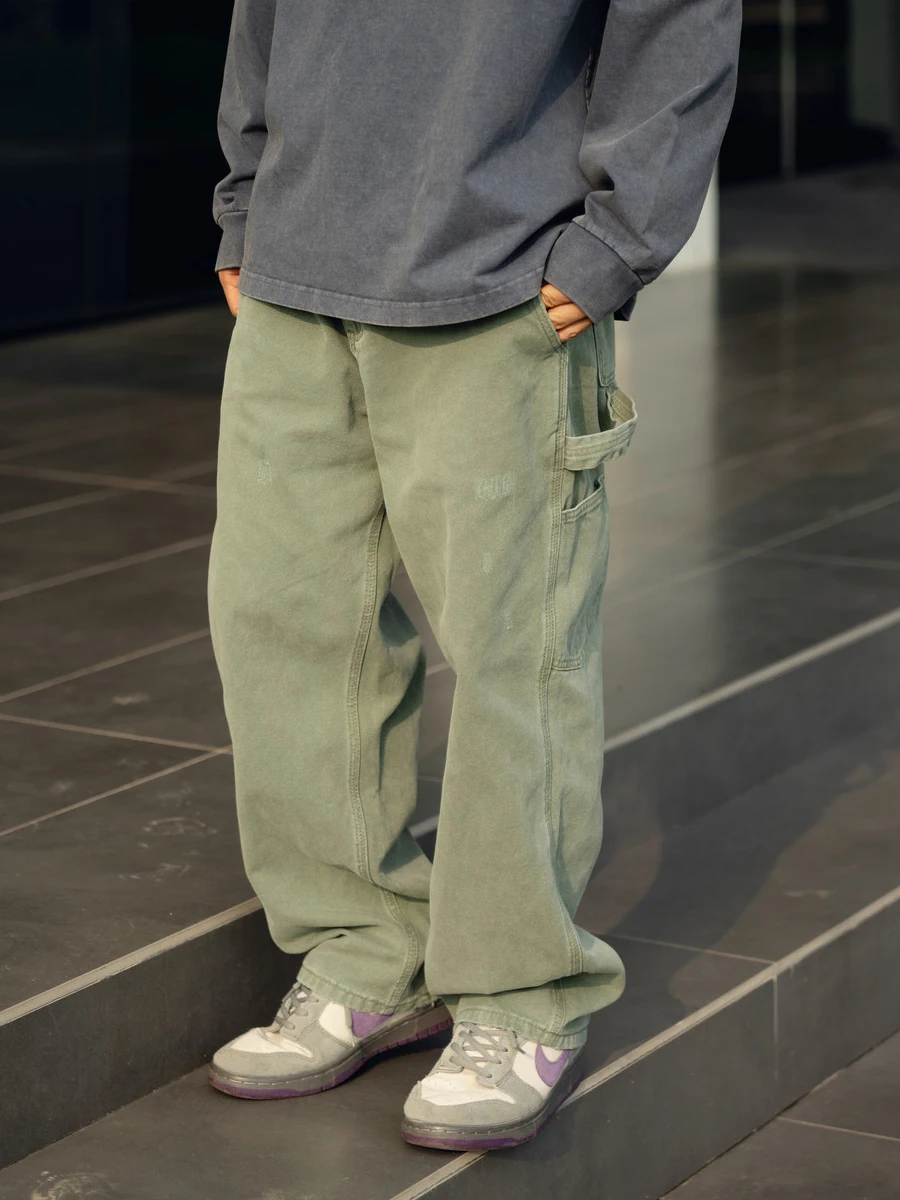 

Холщовые рабочие брюки с талией в стиле ретро, свободные прямые повседневные брюки, японские винтажные износостойкие хлопковые брюки Urban Faion