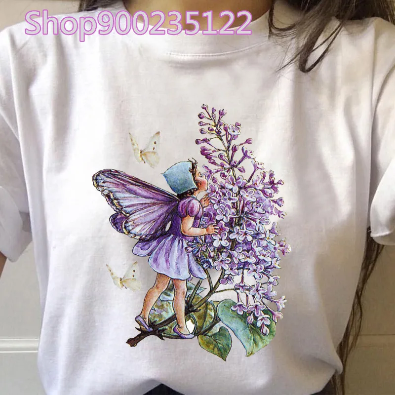 Cute Fairy T-shirt Women Vintage Flower Fairies Kawaii Tshirts Harajuku Tops Clothes Casual Aesthetic Tshirt Summer Tees