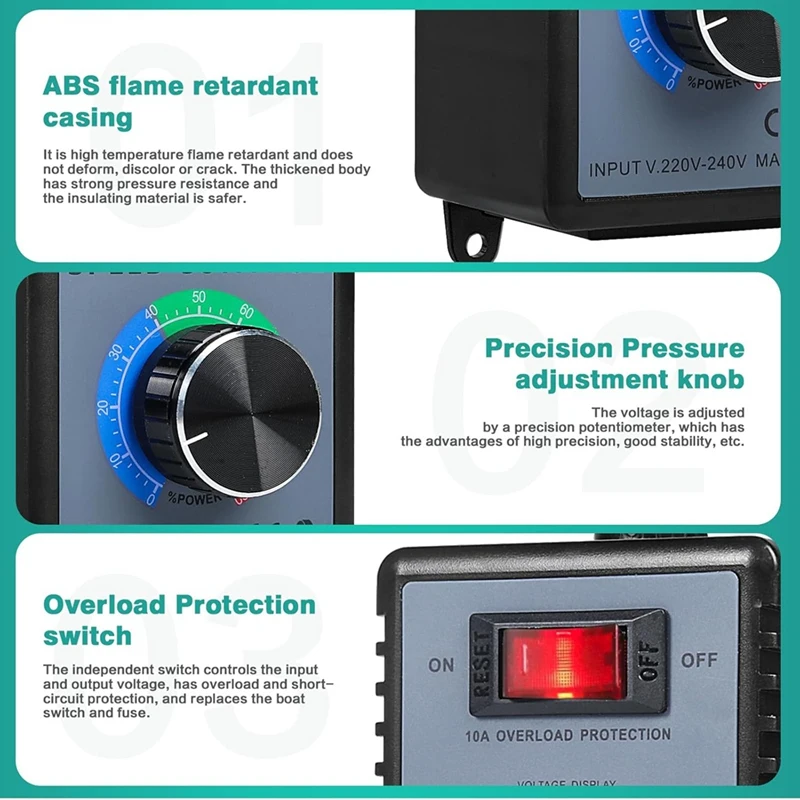 ABJI-Regolatore di tensione elettronico Regolatore di velocità del motore 220VAC Regolazione della temperatura e della luce a LED, spina UK