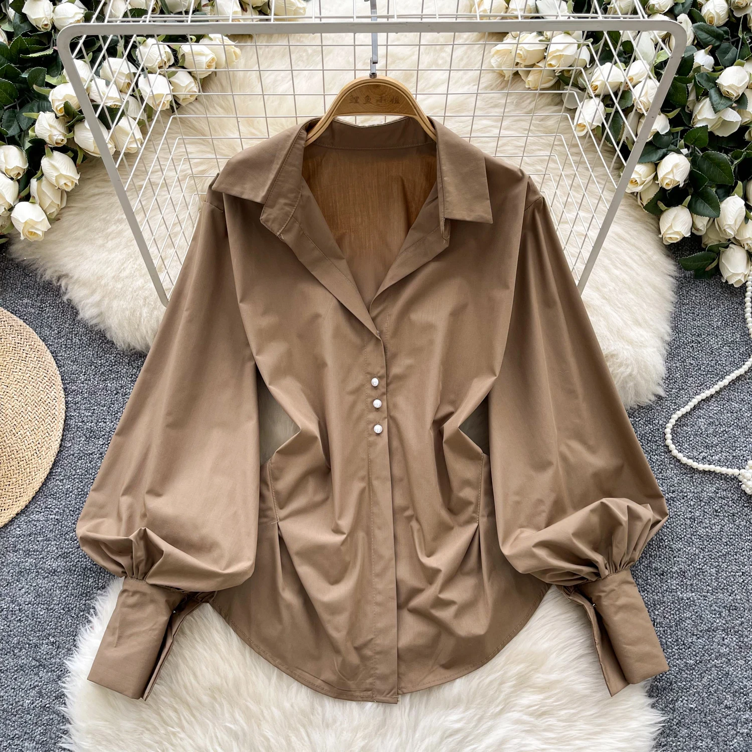 Chic Turn-down Collar Vintage Long Lantern Sleeve Elegant Pleated Slim Buttons Top French Streetwear High Street Autumn Blouse