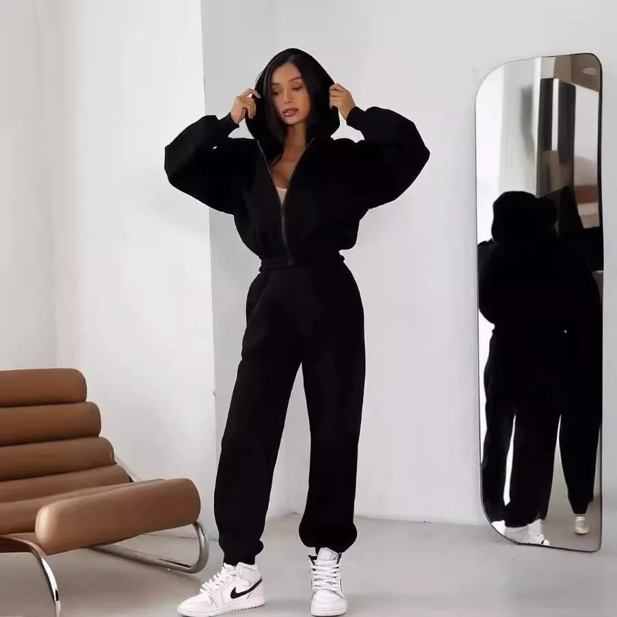 ชุดเซ็ทสองชิ้นสำหรับผู้หญิง เสื้อฮู้ดกีฬา กางเกงขายาวรัดข้อเท้า ผ้าโพลีเอสเตอร์ สีสันสดใส แฟชั่นฤดูหนาว