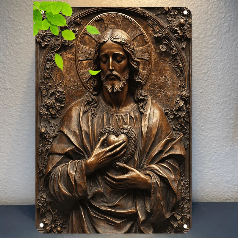 

2D Art Print Metal Aluminum Sign A Beautiful Bronze Relief Depicting Jesus Chris for Home Restaurant Bar Cafe Garage Decorations