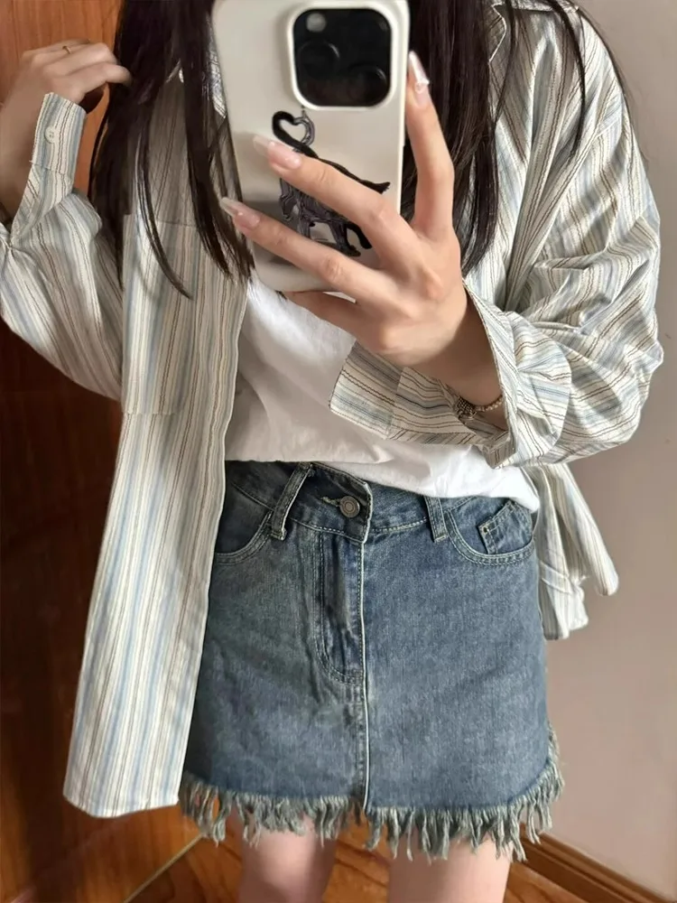 

Джинсовая юбка с высокой талией, расклешенная, с бахромой, женская, больших размеров, весенняя новинка, скрывающая недостатки фигуры, стройнящая, А-силуэт, повседневный стиль