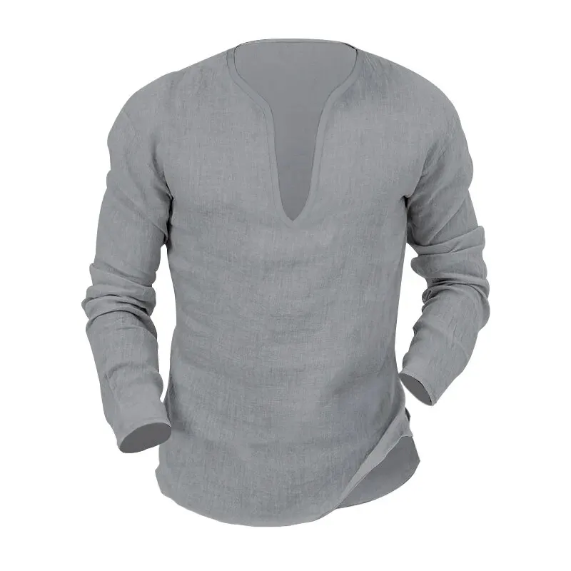 Men\'s Shirt Top V Neck Breathable Beach Shirt Long Sleeves Closure Regular Fit Solid Color Male Casual Shirt For Daily Vacation