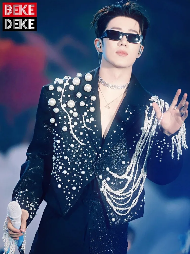 

Luxury Handmade Pearls Beading Studded Stage Show Blazer Jacket Women Fashion New Designer Tassels Party Outerwear Suit Coat