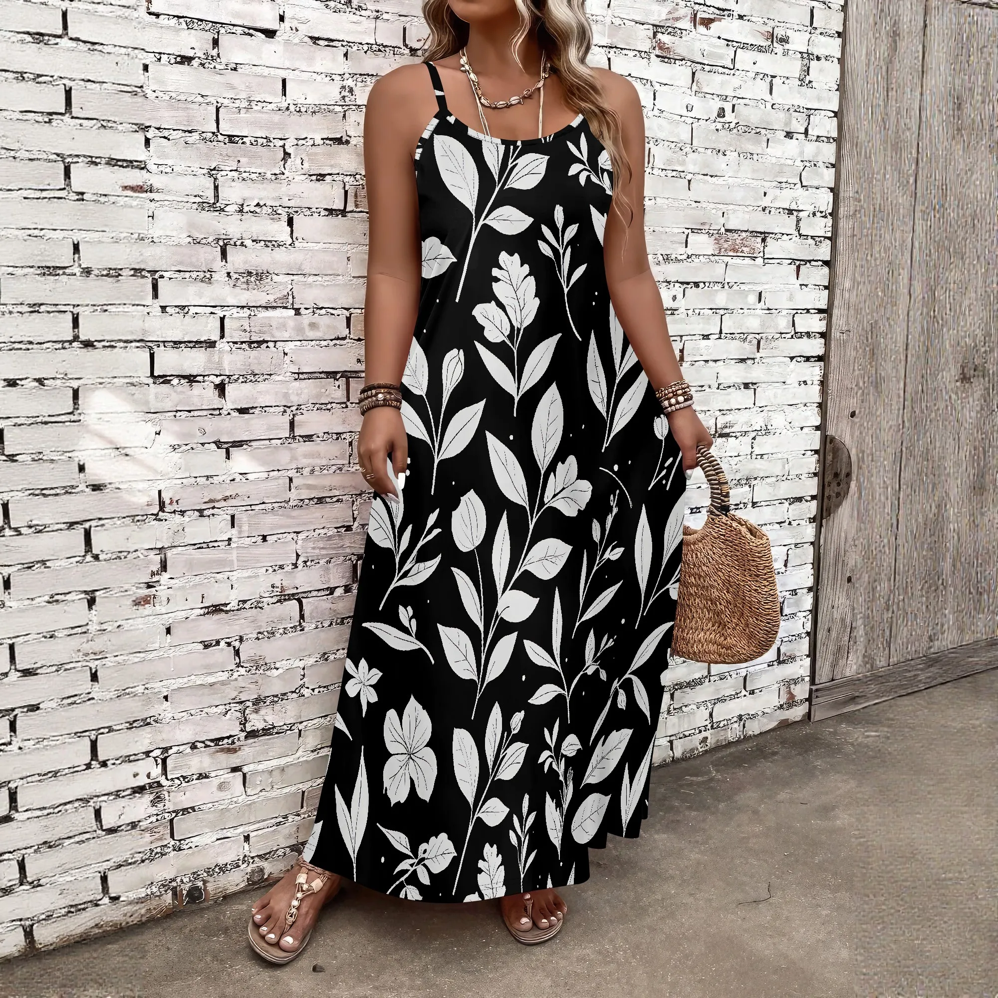 

Long Summer Dresses for Women 2025 Vacation - Retro White Leaves Print Beach Spaghetti Strap Maxi Sundress