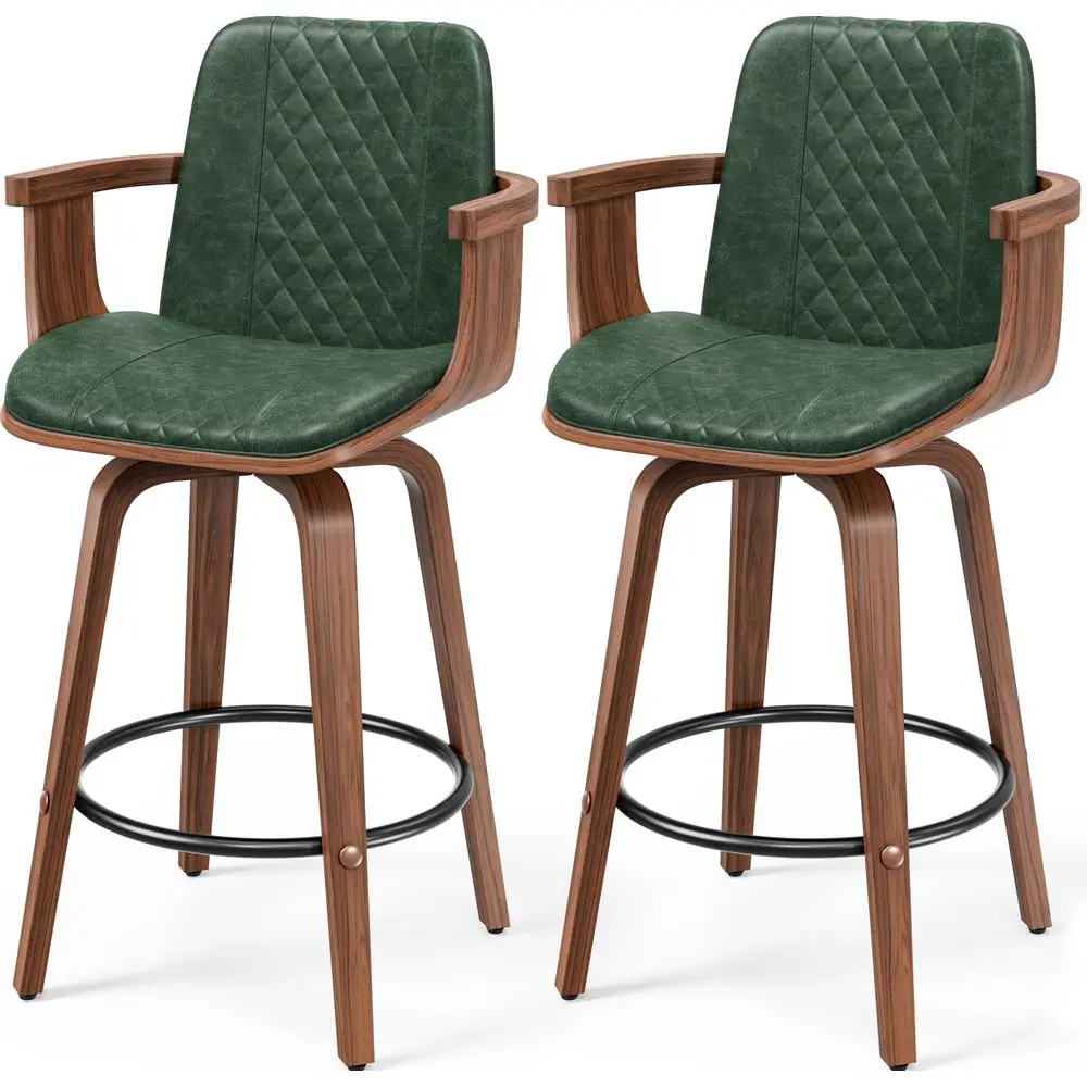 

Bar Stools Set of 2, 26 inch Bentwood Barstools with Wooden Arms, Mid Century Modern Counter Height Swivel Bar Chairs PU Leathe