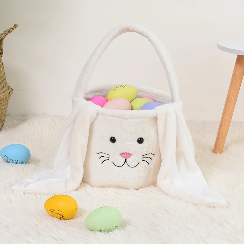 Hot Saling Handbag Fuzzy Long Ears Easter Rabbit Bucket Plush Furry Bunny Gift Bags Easter Basket Party Decor