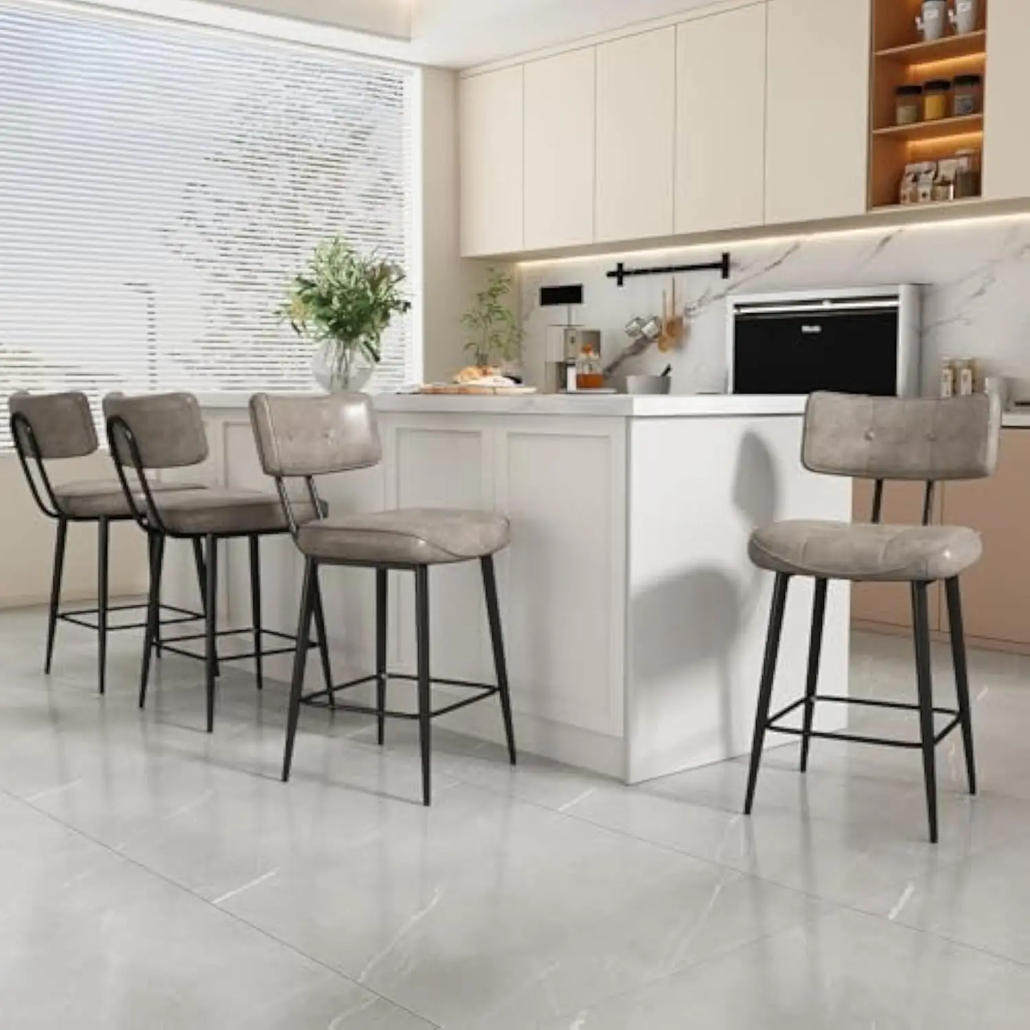 

26 Counter Height Bar Stools Set of 4, Grey Barstools with Backs Footrest Metal Legs, Leather Counter Stools for Kitchen Counter