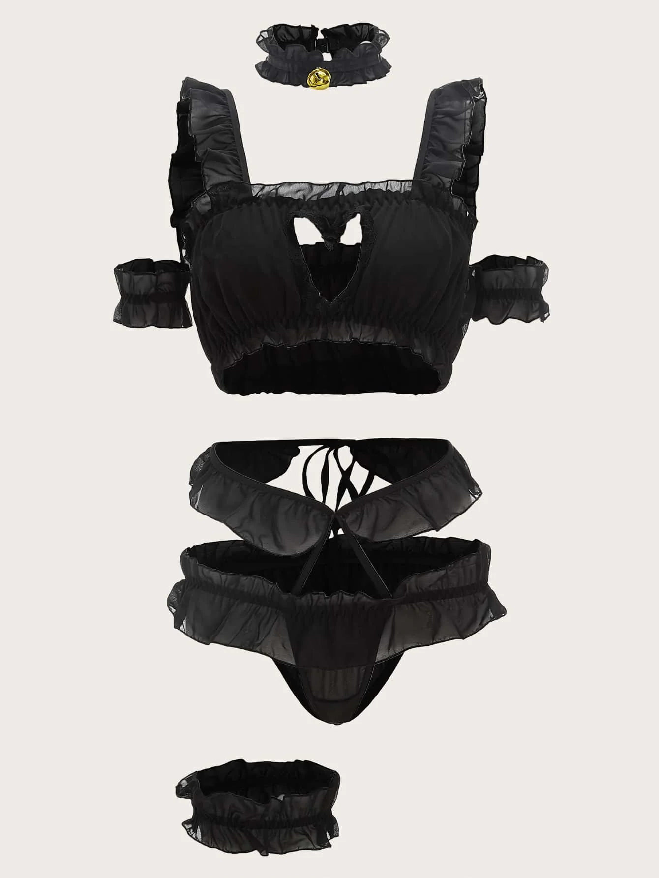 

Черный комплект нижнего белья с рюшами и вырезами, с чокером и наручниками