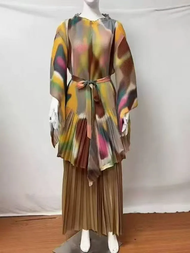 2025 مياكي مطوي طباعة جديدة غير النظامية قطعتين مجموعة حزام فضفاض المرأة تنورة مجموعة الخريف جديد