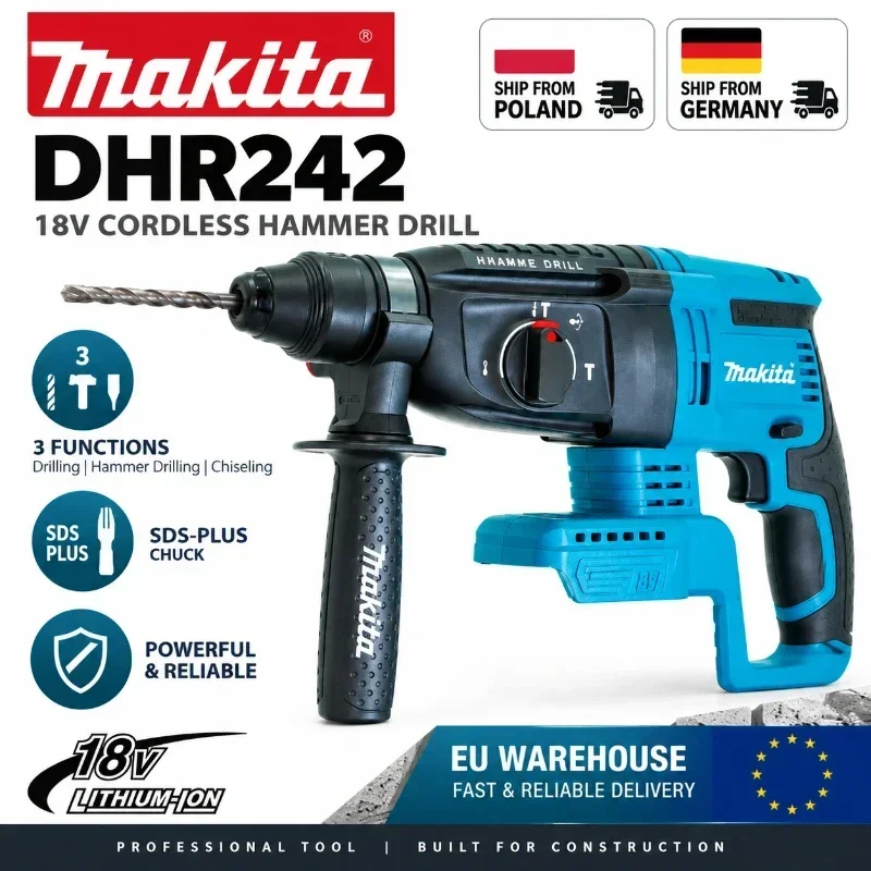 Makita DHR242 Martello Rotante Senza Fili 18V Brushless, Trapano per Calcestruzzo 24mm, 4700 IPM 2.0J SDS Plus 3 Modalità, Utensile Professionale per Impieghi Gravosi per BL1860B BL1850B BL1815,