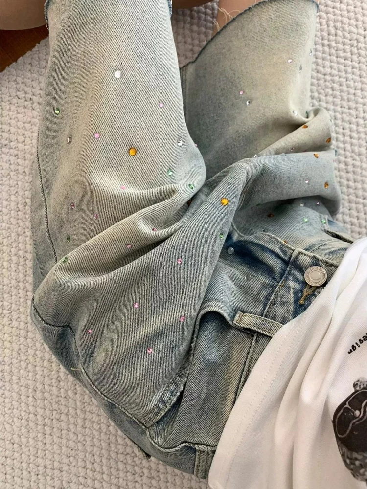 Denim Shorts Vintage Colorful Rhinestone For Women Summer New Designer Loose Wide Leg Extremely So One Slimming Capri Pants