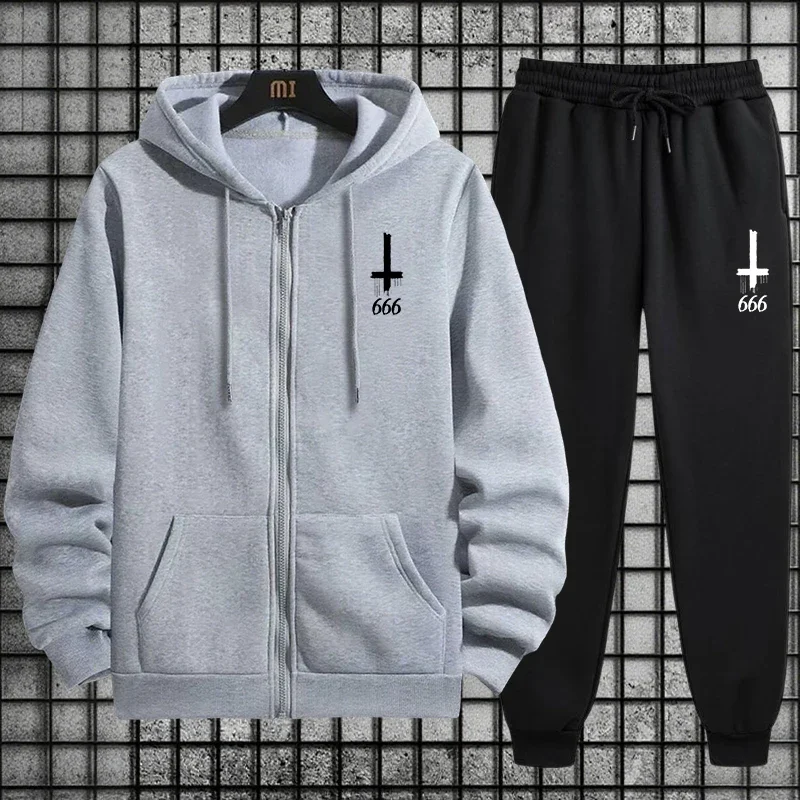 

2025 New Zipper Hoodie Sweatpants Autumn Winter Casual Jogging Suit Satanic 666 Inverted Cross Symbol Mens 2 Piece Lounge Set