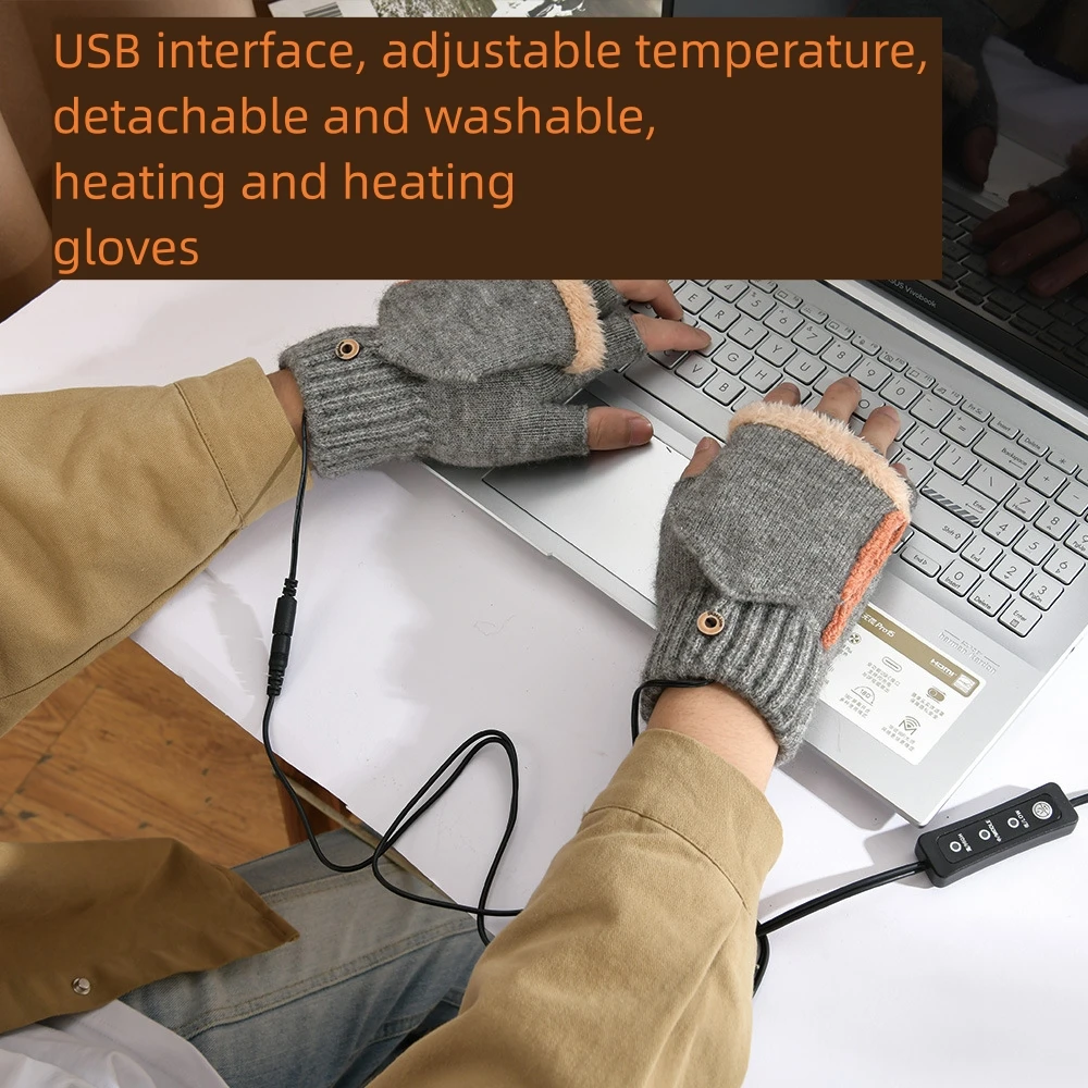 Men Women Half-finger USB Heated Gloves Winter Adjustable Temp Motorcycle Cycling Gloves Electric Heating Knitting Skiing Gloves